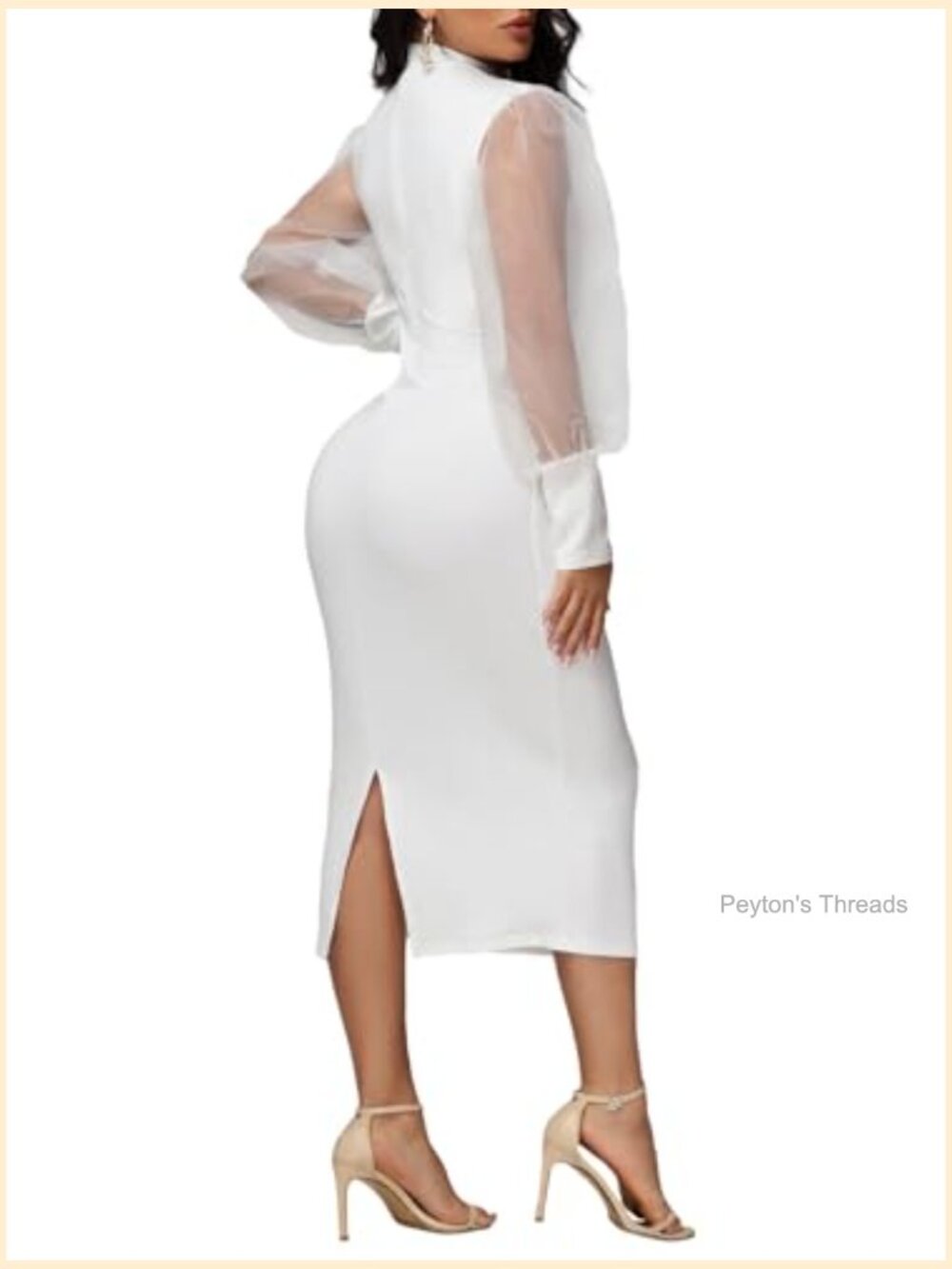 Sheer Mesh Bodycon Midi Dress with Puff Lantern Sleeves and Zipper - Picture 4 of 7